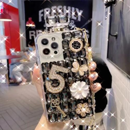 Perfume Pumpkin Luxuriöse 3D-Diamant-Handyhülle für iPhone 13 12 11 Pro Max X XR XSMax X 8 14 15 Plus Strass-Rückseite, Schlüssel, Schwarz, für iPhone XSMAX