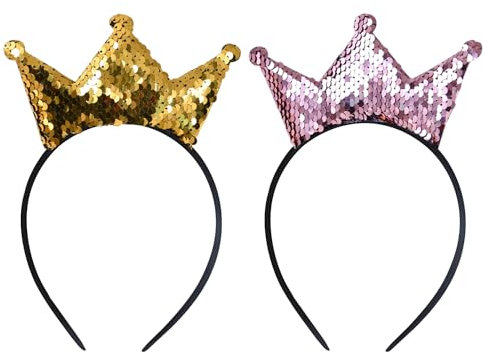 2 Goldene Kronen, Stirnbänder und Haargummis für Frauen, Mädchen und Kinder - Geburtstagskronen, Glitzer- und Pailletten-Stirnbänder für Erwachsene