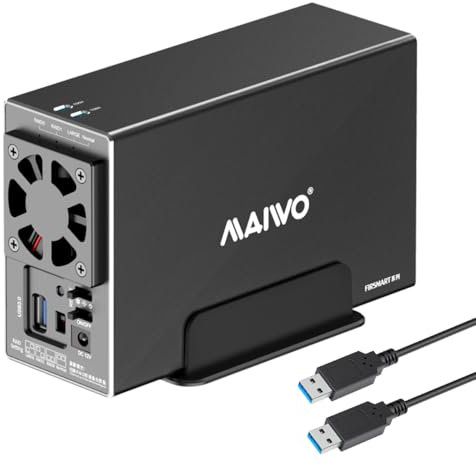 MAIWO Dual Bay Hard Drive RAID Enclosure with Cooling Fan for 2.5/3.5 inch SATA SSD/HDD, 5Gbps USB 3.0 HDD Enclosure, 48TB Capacity, RAID 0/1/JBOD/PM, Aluminum Case