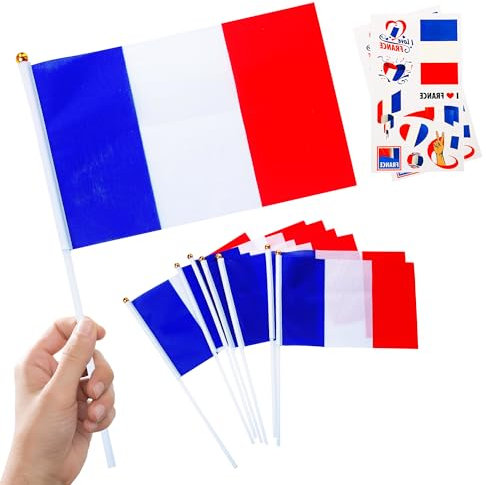 Lot de 10 petits drapeaux français sur bâtons et 2 tatouages, décorations françaises Oly 2024, mini drapeaux de la France pour jeux Oly 2024, événements sportifs de football, décorations de fête