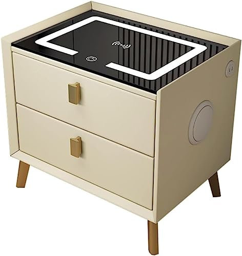 CRBUDY Nachttisch, eleganter Nachttisch, intelligenter Nachttisch, kabelloses Aufladen, Leder-Beistelltisch, USB-Bluetooth-Lautsprecher, Nachttisch, LED, 2 Schubladen, Nachttisch aus Holz
