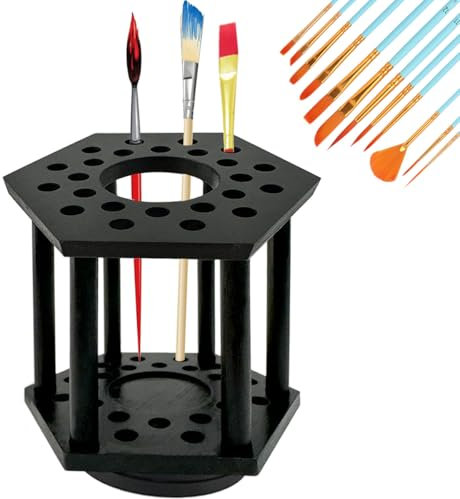LITAITAI Rotating Paint Brush Holder 25 Holes Bamboo Display Drying Stand Artist Paint Brush Organizer Watercolor Brush Stand Rack Paint Brush Art Supply Organizer-Black
