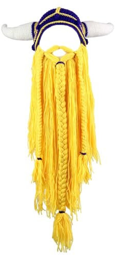 WUODHTW Herren-Mütze mit langem Bart und Wikinger-Strickmütze, Stierhorn, handgefertigt, warm, Skimütze, lustige Partymütze, Violetter Hut-gelber Bart, Einheitsgröße