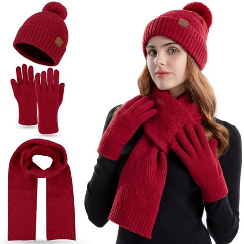 FUBABCO Wintermütze Schal Handschuhe Set Damen, Winter Warm Beanie Mütze Touchscreen Handschuhe und Lang Schal Set mit Fleecefutter Thermo Strickmütze Winterschal Winterhandschuhe