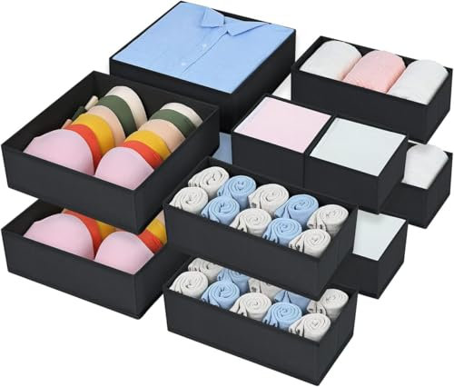 Homsorout 12 Pack Drawer Organisers Foldable Storage Box - Fabric Clothes Wardrobe Storage Drawer Dividers Cubes for Socks, Underwear, Ties, Bedroom (Black)