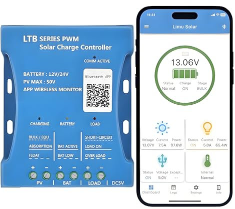 【20A Controlador de Carga Solar Bluetooth】KWODE 12V/24V PWMs Regulador Carga Solar Panel solar Batería Inteligente Carga de Regulación con puerto USB 5V para baterías de plomo ácido LiFePO4 de litio