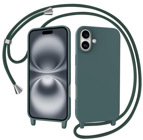AOMYKE Funda para iPhone 16 con Cuerda, Silicona Líquida Carcasa con Cordón Correa Colgante Ajustable Collar Correa Teléfono Case Cover, Verde