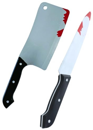 Halloween Bloody Cleaver & Knife Set with Fake Blood Splatter Design – 30cm Plastic Knife and Cleaver Costume Accessory for Zombie, Butcher, Slasher, and Grim Reaper Halloween Fancy Dress