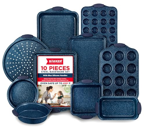 Bakken, set di 10 teglie da cucina con rivestimento antiaderente, in acciaio al carbonio, con manici in silicone blu, elementi essenziali per la cucina, senza PFOA, PFOS, PTFE, teglia adatta al forno