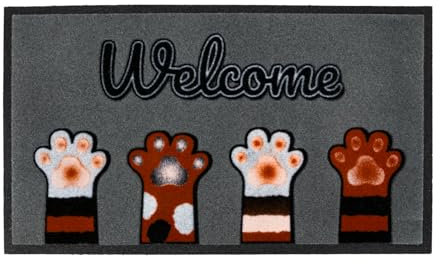 Velcoc - Zerbino da Interno in Gomma Riciclata con Disegno di Zampe e Scritta Welcome, Tappeto Antiscivolo, Robusto e Resistente, Elevata Capacità di Assorbenza, Spessore 6 mm, Dimensione 40 x 70 cm