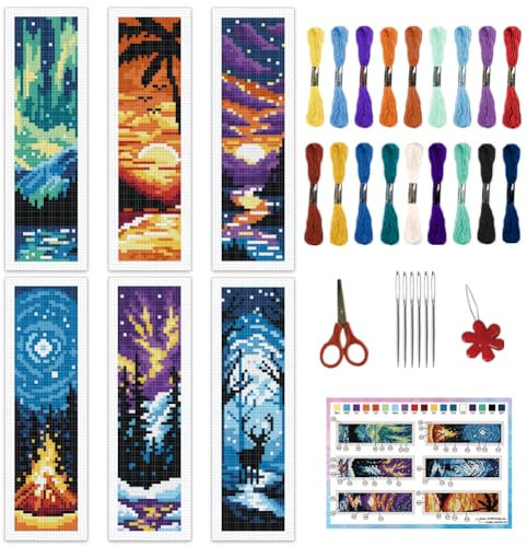 INFUNLY 6 Teiliges Kreuzstich Lesezeichen Set Mit Landschaftsmotiv Für Anfänger 8.66 × 3.15 Lesezeichen Set Mit Strand Stempelstickerei Lesezeichen Set Mit Berg Nadelspitze Und Anleitung Für Buchlie