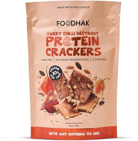 FOODHAK Sweet Chilli Beetroot Protein Gluten Free Crackers - Healthy Ingredients Snack with Pumpkin & Chia Seeds, Vegan Crackers Beneficial for Maintaining Healthy Muscles & Bones (100g)