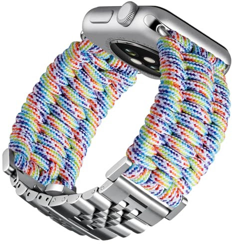 BINLUN Kompatibel mit Apple Watch Armband 42mm 41mm 40mm 38mm Geflochten 550 Paracord Stahl Sport Armbänder Kompatibel mit iWatch Series 10/9/8/7/SE2/SE/6/5/4/3/2/1 Herren Damen(Regenbogen-Silber)