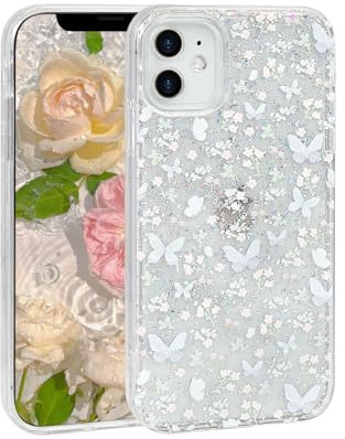 Reownest Clear for iPhone 12/12 Pro Case Cute Bling Butterfly Flower Pattern Design Glitter Aesthetic Phone Case Soft Protective Women Girls Cover -Transparent