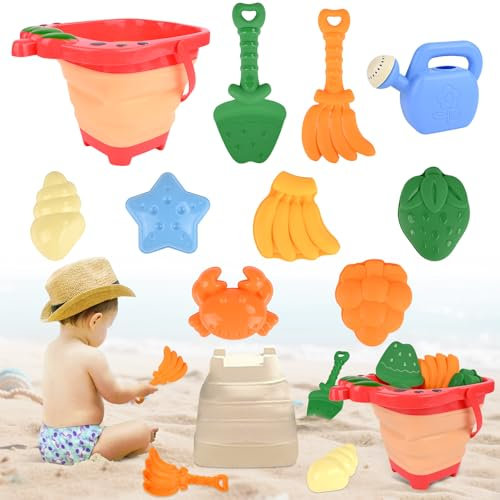 Euakee Juguetes Playa, 10 Piezas Juguetes de Arena de Playa, Juguetes Playa Bebe con Fresa Cubo Playa Plegable, Moldes de Arena y Palas Playa para Niño Niña (Rojo)