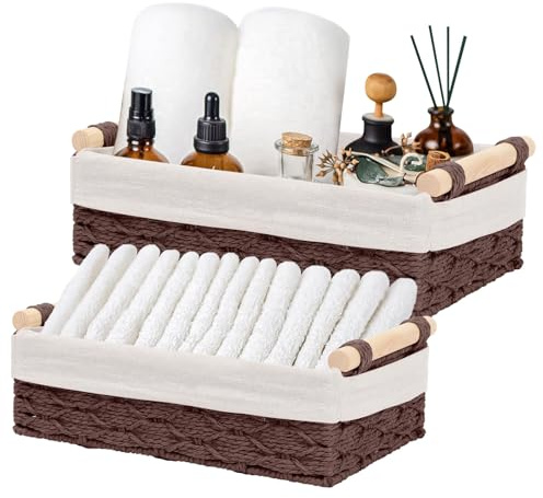 Aufbewahrungskorb Badezimmer 2er Set, Geflochten Regalkörbe aus Papierseil | Braun Wickeltisch Organizer Körbchen mit Futter, Boho Stil Dekor Körbe für Handtuch Küche Kosmetik, 30x20x10,5cm, 25x15x9,8cm