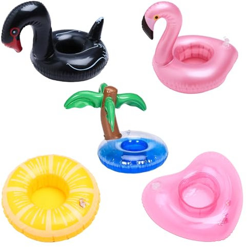 5 schwimmende Getränkehalter für Pool | Schwarzer Schwan / Flamingo / Kokospalme / Herz / Zitrone | Zubehör für Sommerparty (5)