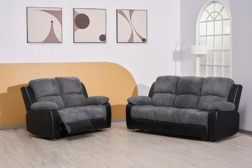 Rio Recliner Black/Grey Jumbo Cord Fabric 3+2+1 Seater Sofa Set - For Living Room Furniture - Manual Recliner Sofa with Dropdown Table & Cupholders (3+2)