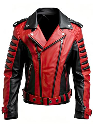 TRESSANO Mens Brando Red and Black Motorcycle Belted Rock Punk Funky Biker Lambskin Leather Jacket, Red and Black, XX-L