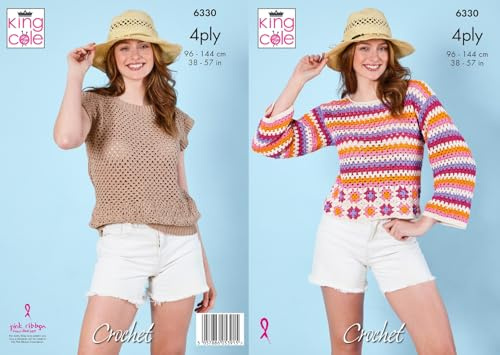 King Cole 6330 Crochet Pattern 4Ply Ladies Plain or Striped Sweater & Top