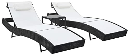 HaoChrymec Tumbonas de Exterior 2 uds con Mesa,Ratán Sintético y Textilene Negro,Respaldo Ajustable 4 Posiciones,Estructura de Acero Estable,Tumbonas Piscina,Silla Playa,Blanco y Negro, 213x70x40cm
