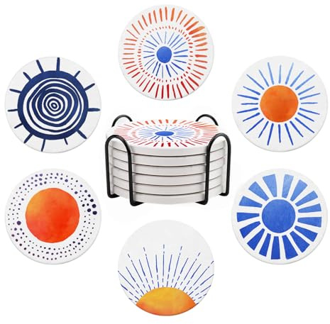 6 Pcs Geometric Patterns Ceramic Coaster with Holder, Art Flower Absorbent Drink Coasters for Drinking, Round Non-Slip Drink Coffee Bar Mug Cup Decoration Gifts
