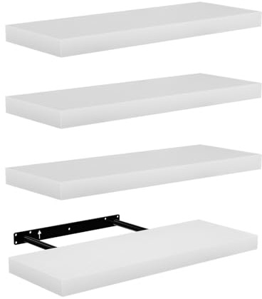 FURNITABLE Wandregal 4er Set Schweberegal Weiß - Hängeregal, Badezimmer Regal, Küchenregal, Bücherregal - 60x23,5x4 cm - Modernes Design, Einfache Montage, Stabiles Regalbrett