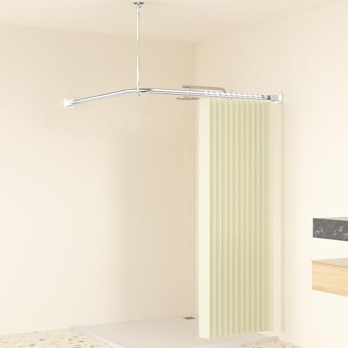 Misounda Duschvorhangstange L Form 95x95 cm | Ohne Bohren, 304 Edelstahl, Mit Deckenstütze & 12 Ringen, Stabil bis 30kg, Silber