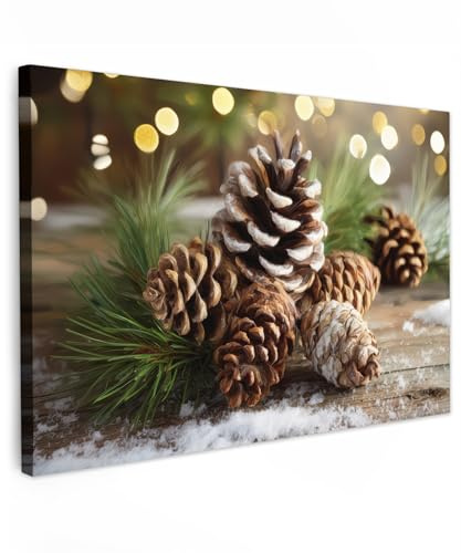 MuchoWow© Weihnachtsdeko Wandbilder Home Deko Wohnung Bild Wohnzimmer | 90x60 cm - Weihnachtsgeschenke Fotoleinwand Wand Bilder Leinwand Wall Decor Geschenk Tannenzapfen - Braun - Grün