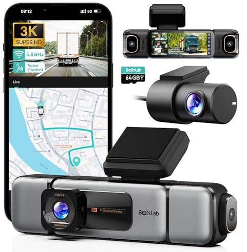 BOTSLAB 4 Kanal Dashcam Auto Vorne Hinten Innen, 4 Channel 3K+3 * 1080P, Autokamera mit 128GB SD Karte, GPS 5GHz WiFi,Super Nachtsicht,WDR,3.18 IPS-Bildschirm,G-Sensor,Loop-Aufnahme,Parküberwachung