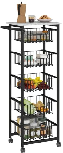 HOMCOM 5-Tier Kitchen Trolley on Wheels with Marble-Effect Top Light Grey | Vegetable Storage Rack, Lockable Wheels, Pull-Out Mesh Baskets, Mobile Organizer, for Kitchen Pantry Office