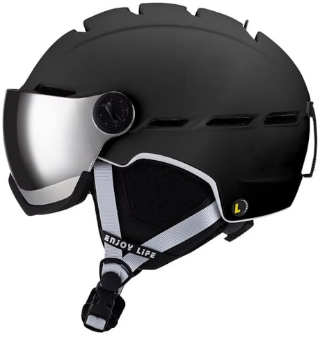 Ski and Snowboarding Helmet, Integrated UV Visor, Push Button Ventilation, High Impact Protection, Lightweight, Ear Pads, Click to Adjust Size, Men, Women and Kids. (Black, L)