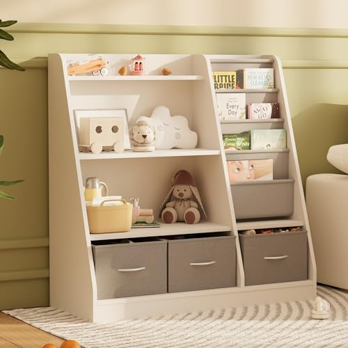 Hironpal Kids Bookshelf 3 Tier Book Shelf Kids Room with Toy Storage Box Wooden Childrens Nursery Bookcase Shelf for Kids Room and Nursery (White)