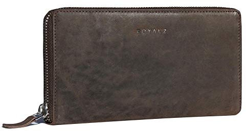 ROYALZ 'Lilly' Vintage Portemonnaie Damen Groß mit Reißverschluss Büffel-Leder RFID Schutz Frauen Geldbörse Querformat, Farbe:Montana Braun