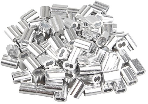 Futheda 100 pcs Aluminum Crimping Loop Sleeve Clips with Double Ferrules/Holes for 2.5mm Cable Wire Rope Silver Tone