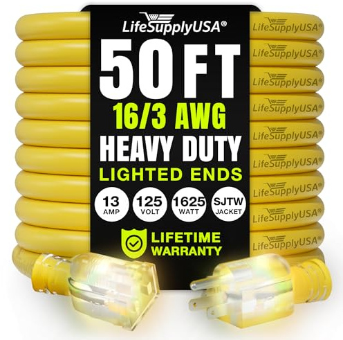 50ft Outdoor/Indoor Extension Cord 16/3 Gauge Heavy Duty 3 Prong SJTW (5-15P/5-15R), Waterproof, Flexible Cold-Resistant Long Power Cord,13A 125V 1625W, Yellow by LifeSupplyUSA