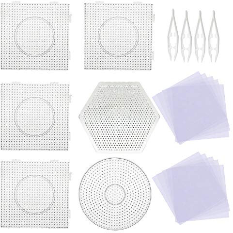 Allazone Bügelperlen Stiftplatten Platten Bügelperlen 5 mm 6 Stück Steckplatten mit 4 Stück weißen Perlen Pinzette, 20 Stück Bügelpapier für Bastelbedarf