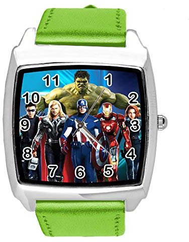 Taport® Quarz-Armbanduhr, grünes Lederband, quadratisch, für Fans des Helden-Universums
