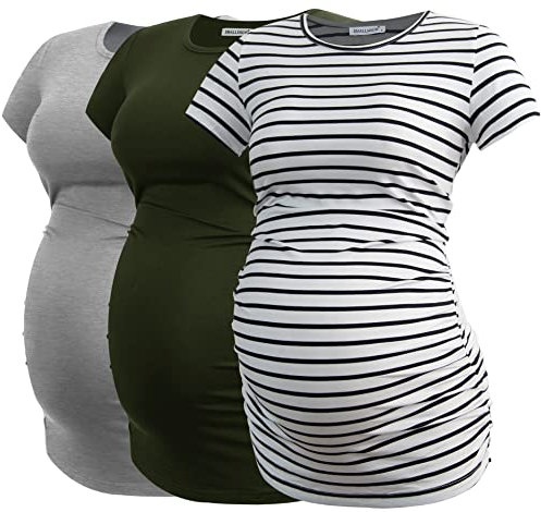 Smallshow Femmes Vêtements de Maternité Tops Vêtements de Grossesse 3-Pack Army Green-Light Grey-White Stripe Large