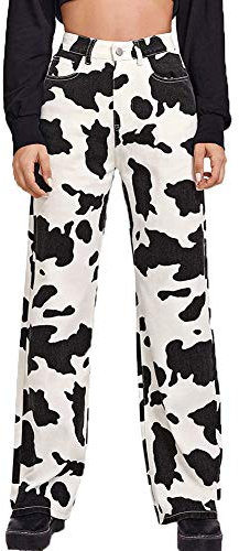 Damen Korean Wide Leg Jeans Fashion Cow Pattern Printing High-Waist Jeanshose mit Tasche (schwarz XS)