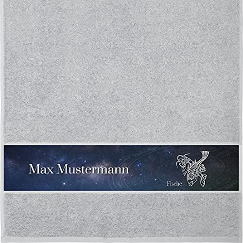 Handtuch mit Namen - personalisiert - Motiv Sternzeichen Fische - viele Farben & Motive - Dusch-Handtuch - hellgrau - Größe 50x100 cm - persönliches Geschenk mit Wunsch-Motiv und Wunsch-Name