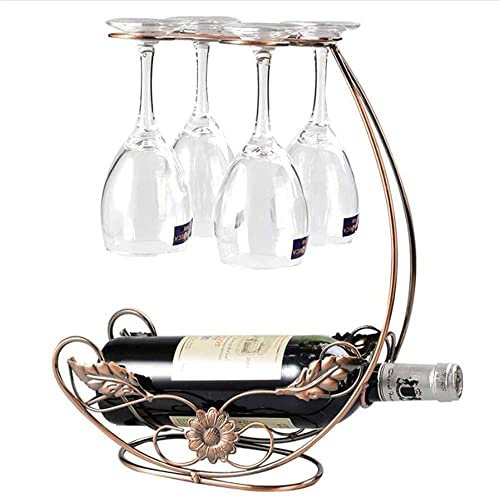 Homya Desktop Wrought Iron Wine Bottle Holder High Stand Vertical Countertop Wine Glass Display Rack, Desktop Wine Glass Holder, Can Hold 1 Bottles and 4 Cups, Electroplating Process Glod