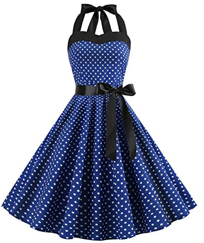 Rockabilly Kleider Damen 50er Vintage Cocktailkleid 1950er Jahre Retro Gespleißt Blumen/Polka Dots Ärmellos Sommer Swing Festlich Abendkleid Dunkelblau M