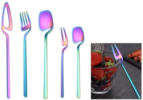 Besteck Set Regenbogen, Darryy 5 Stück Besteck Set Regenbogenfarben, Regenbogen Besteck Kinder, Regenbogen Besteck Set, Besteck Messer Gabel, Praktischl,Rostfreier Stahl, Aufhängbarer Becher