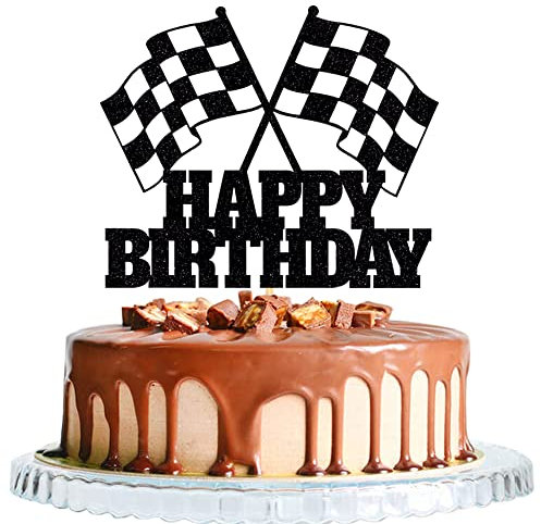 WRACKKIAR Car Cake Topper Race Car Cake Decorations for Racing Car Checkered Flag-Glitter Race Car Cake Topper Happy Birthday Theme Cake Decor