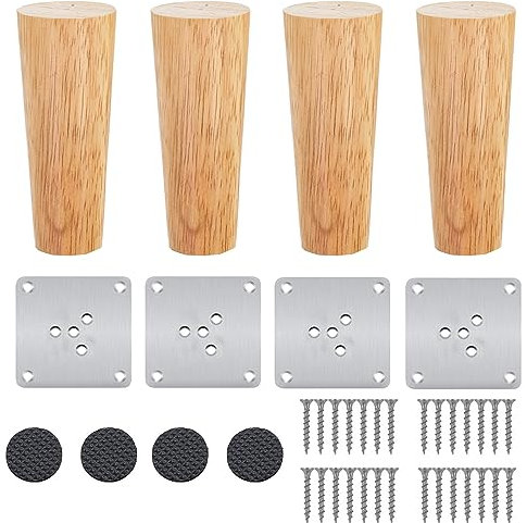 12cm Holz Tischbeine,4 Stück Massivholz Konisch Ersatz Sofafüße Möbelfüße Sockelfüße Tischfuß Aus Eiche, Möbelbeine mit Montageplatten & Schrauben für Stühle und Sofa Bett Schrank Couch Stuhl Ottomane