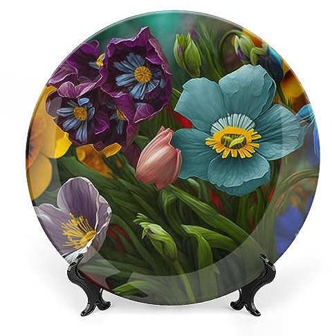 Gokays Piatti decorativi da appendere alla parete, piatto in ceramica con fiori selvatici colorati, piatto oscillante con espositore, decorazione per la casa per mobili da cucina, vassoio rotondo da