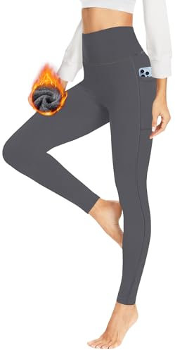 HLTPRO Thermo Leggings Damen im Winter, High Waist Thermohose Gefütterte Thermoleggins Warm Blickdicht für Sport(Dunkelgrau-Taschen,S/M)
