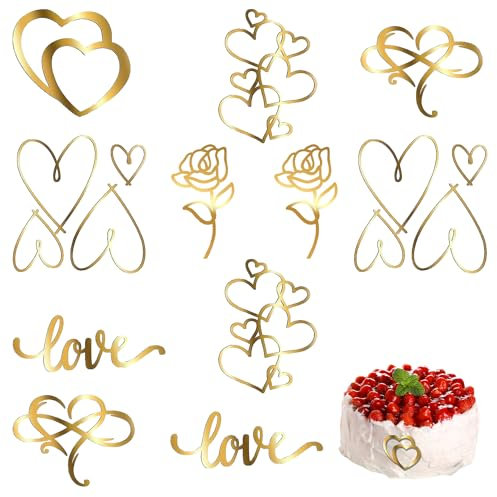 Kuchen Deko Acryl 12Stk Torten Deko Herzform Cake Topper Hochzeit Tortendeko Gold für Mädchen Hochzeit Jahrestag Geburtstag Partei