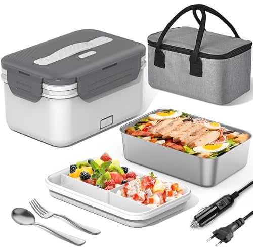 Herrfilk 100W Elektrische Lunchbox Erwachsene, 3-in-1 12/24/230V Thermo Lunch box mit Besteck und Isolierter Lunchbeutel, Auslaufsicherer, 1.8 L Großbehälter, Brotdose mit Fächern für Auto,LKW,Office